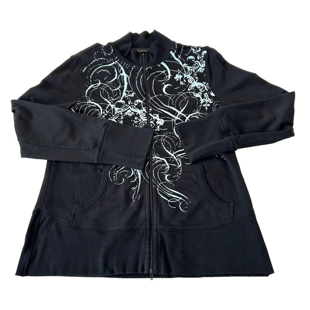 Soma Women's Full Zip Up Jacket Sz M Black Blue Print Pockets Lightweight Mock